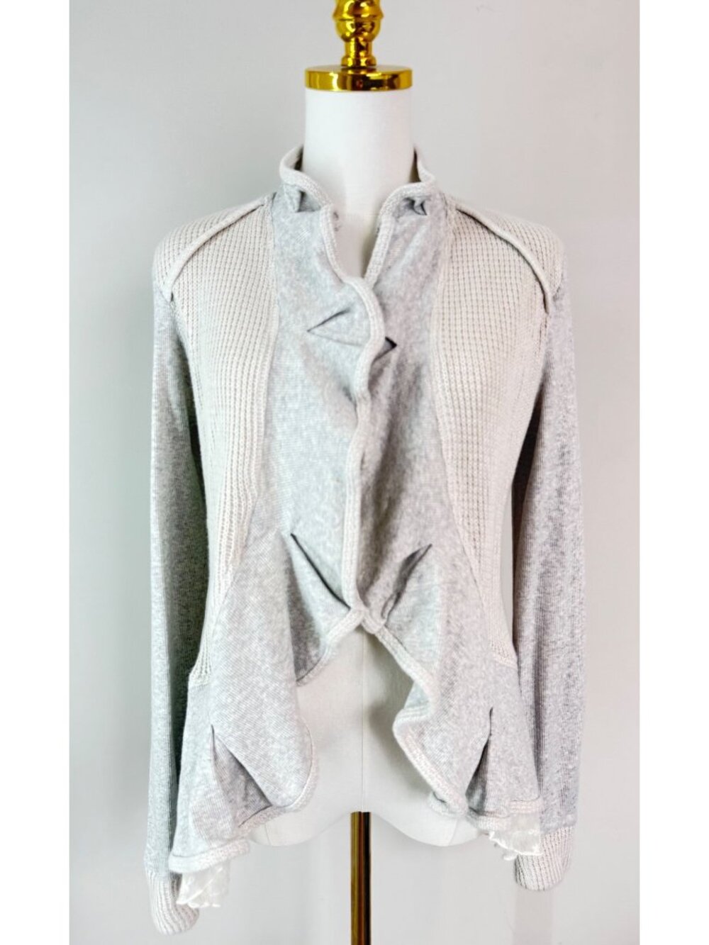 Anthropologie Women’s Lace Trim Cardigan Waffle Knit Panels Embroidered Gray M - Picture 1 of 8